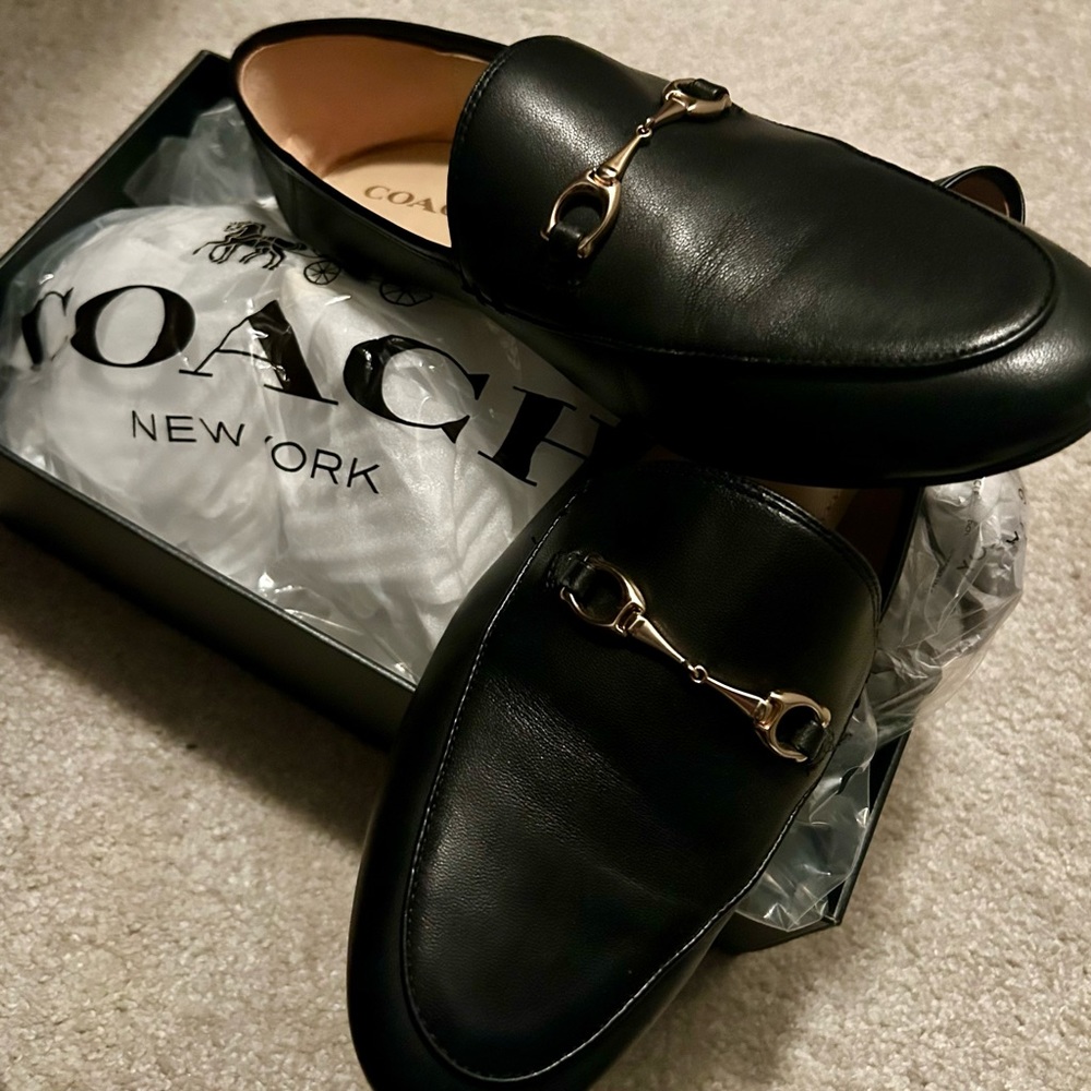 Coach Black Leather Loafers with Gold Accent